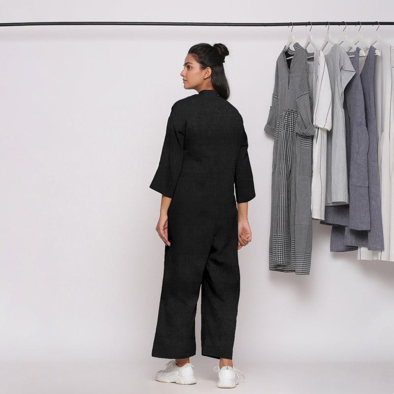 Black Cotton Linen Comfort Fit High Neck Jumpsuit