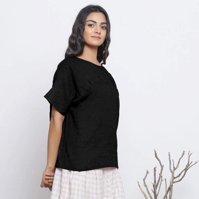 Black Cotton Linen Drop Shoulder Sleeves Yoked Top