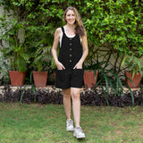 Black Cotton Linen Dungaree Playsuit