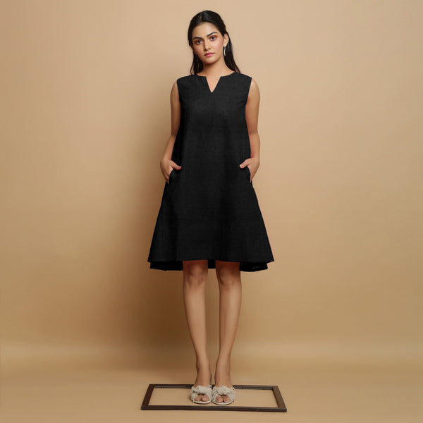 Black Cotton Linen Embroidered Knee-Length Godet Dress