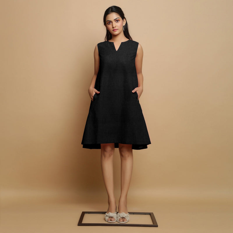 Black Cotton Linen Embroidered Knee-Length Godet Dress 40" / Petite (5'1" and below) Black Cotton Linen Embroidered Knee-Length Godet Dress 40" / Petite (5'1" and below)