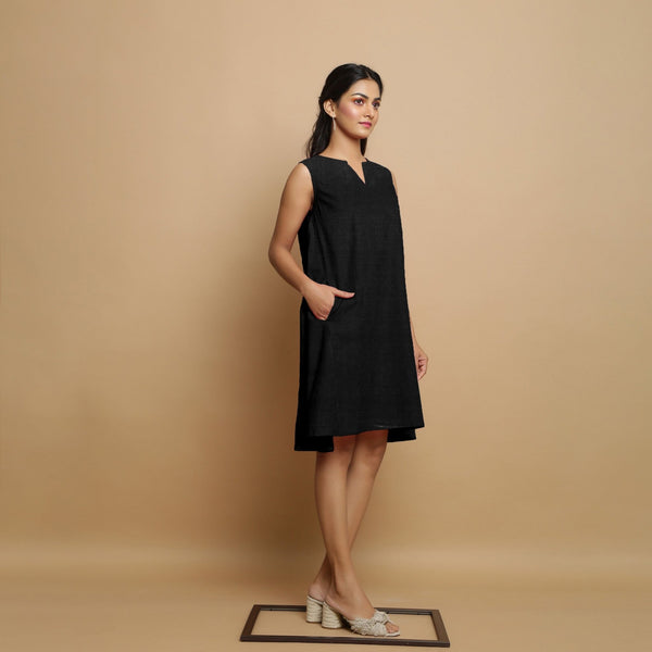 Black Cotton Linen Embroidered Knee-Length Godet Dress