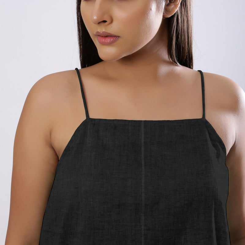 Black Cotton Linen  Flared Camisole Top