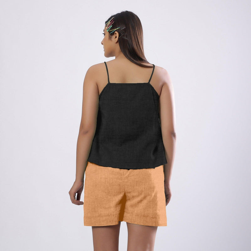 Black Cotton Linen  Flared Camisole Top