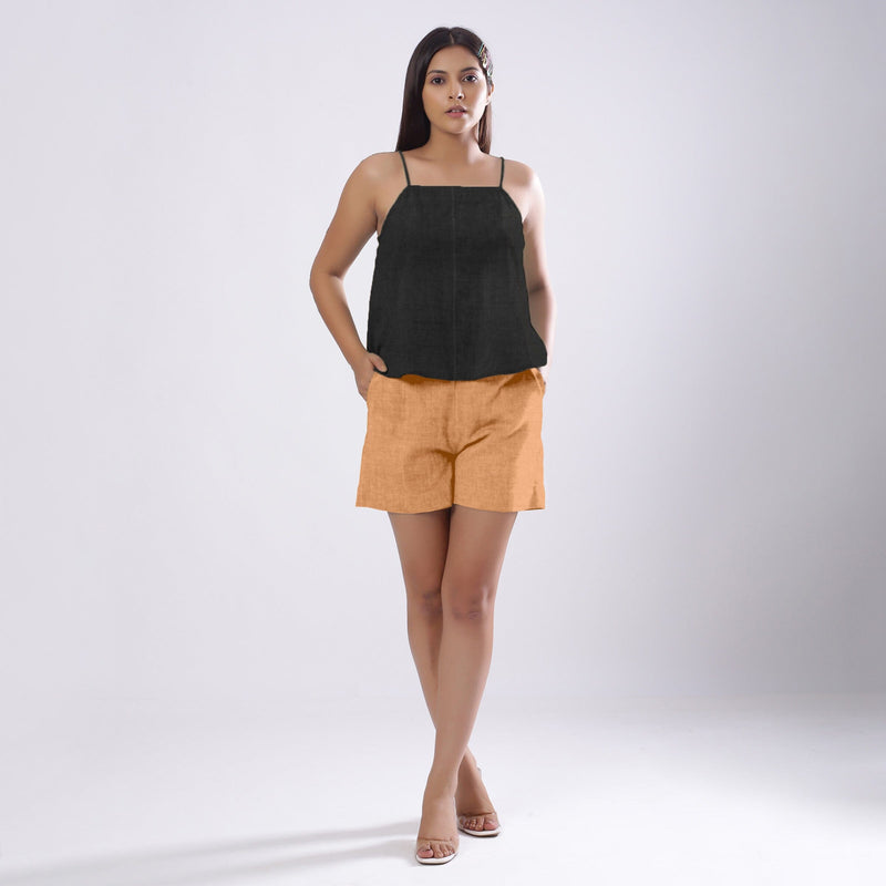 Black Cotton Linen  Flared Camisole Top