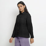 Black Cotton Linen Full Sleeve Button-Down Shirt