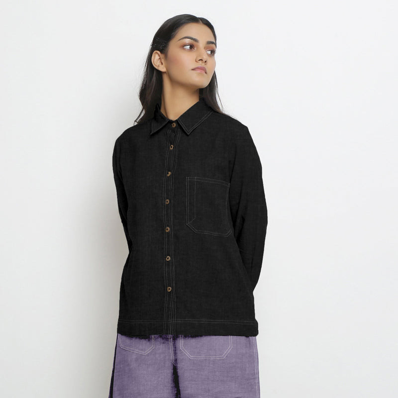 Black Cotton Linen Full Sleeve Button-Down Shirt