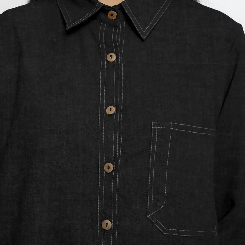 Black Cotton Linen Full Sleeve Button-Down Shirt