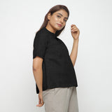 Black Cotton Linen Peter Pan Collar Half Sleeve Top
