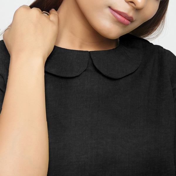 Black Cotton Linen Peter Pan Collar Half Sleeve Top