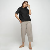 Black Cotton Linen Peter Pan Collar Half Sleeve Top