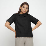 Black Cotton Linen Peter Pan Collar Half Sleeve Top