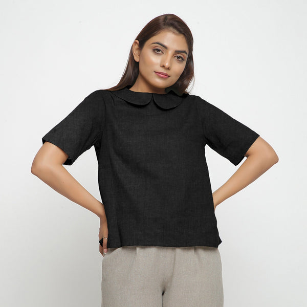 Black Cotton Linen Peter Pan Collar Half Sleeve Top