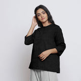 Black Cotton Linen Round Neck A-Line Top