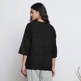 Black Cotton Linen Round Neck A-Line Top