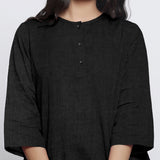 Black Cotton Linen Round Neck A-Line Top
