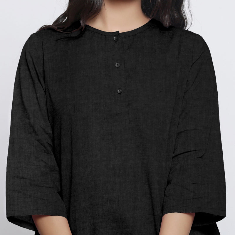 Black Cotton Linen Round Neck A-Line Top
