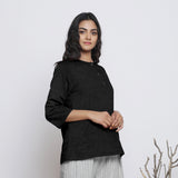 Black Cotton Linen Round Neck A-Line Top