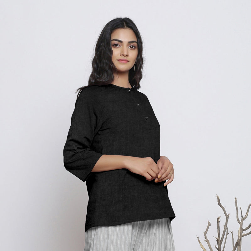 Black Cotton Linen Round Neck A-Line Top