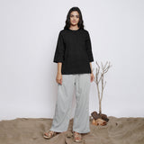 Black Cotton Linen Round Neck A-Line Top