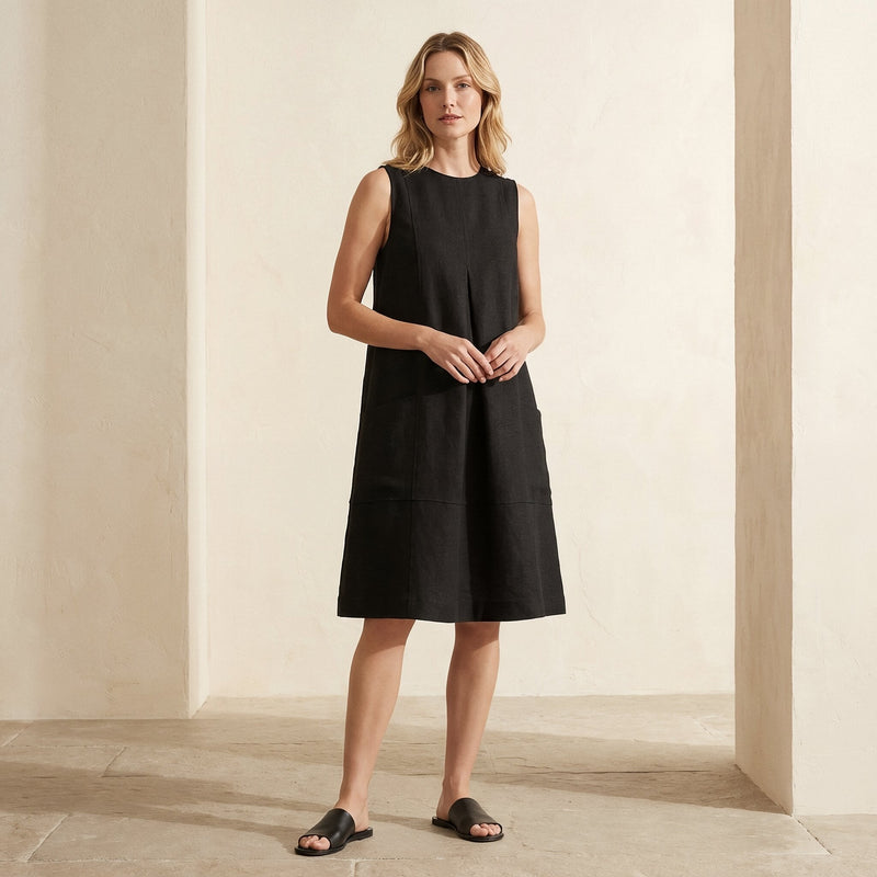 Black Cotton Linen Sleeveless Paneled Swing Dress 70