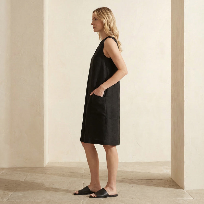 Black Cotton Linen Sleeveless Paneled Swing Dress 70" / Petite (5'1" and below) Black Cotton Linen Sleeveless Paneled Swing Dress 70" / Petite (5'1" and below)