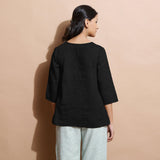 Black Cotton Linen Split-Neck Tunic Top