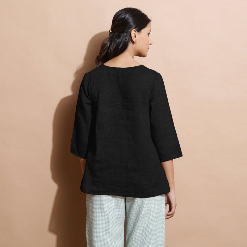 Black Cotton Linen Split-Neck Tunic Top