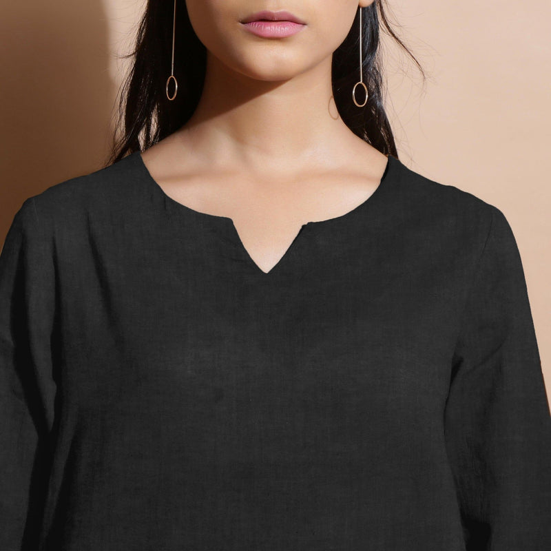 Black Cotton Linen Split-Neck Tunic Top