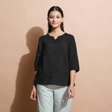 Black Cotton Linen Split-Neck Tunic Top