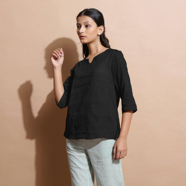 Black Cotton Linen Split-Neck Tunic Top