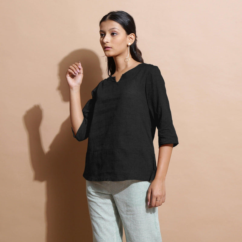 Black Cotton Linen Split-Neck Tunic Top
