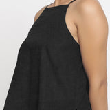 Black Cotton Linen Strap Sleeve Spaghetti Top
