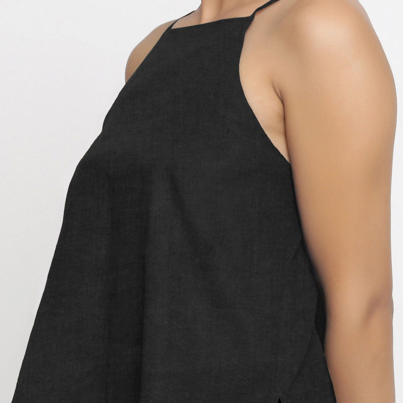 Black Cotton Linen Strap Sleeve Spaghetti Top