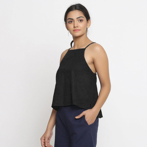 Black Cotton Linen Strap Sleeve Spaghetti Top