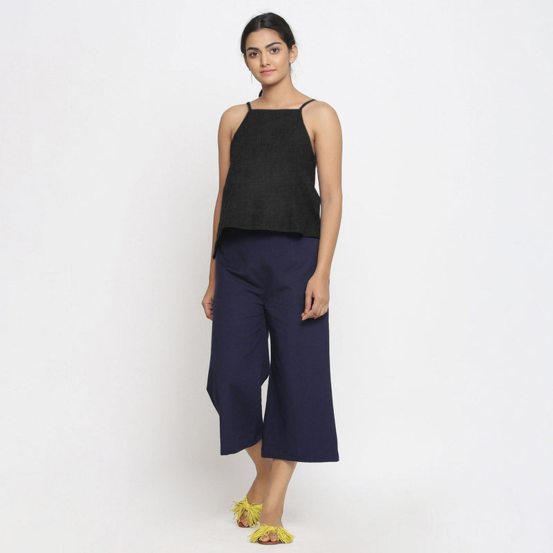 Black Cotton Linen Strap Sleeve Spaghetti Top