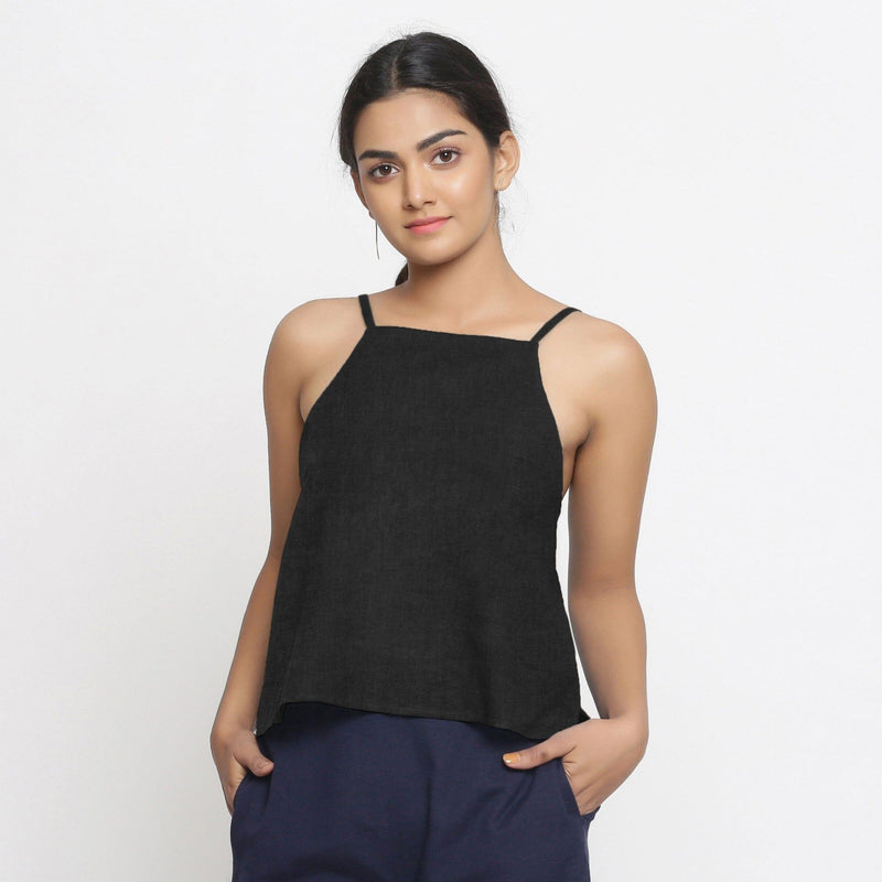 Black Cotton Linen Strap Sleeve Spaghetti Top