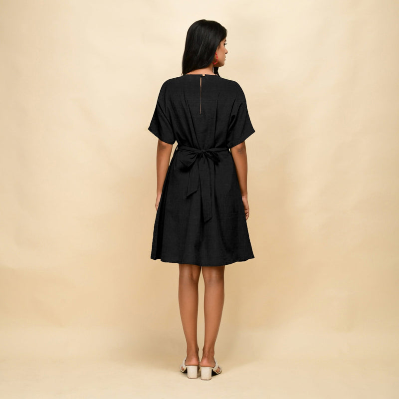 Black Cotton Linen V-Neck Knee Length Blouson Dress