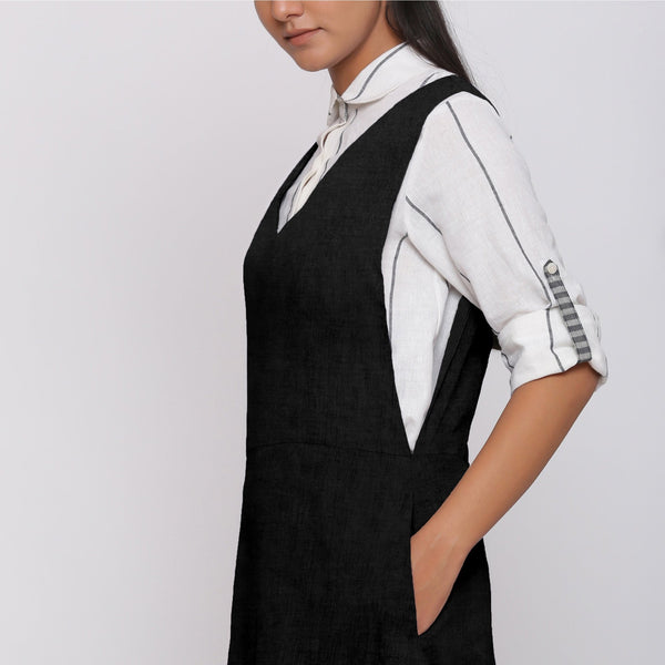 Black Cotton Linen V-Neck Midi Pinafore Dress