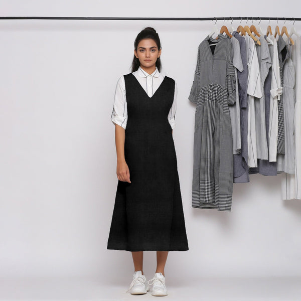 Black Cotton Linen V-Neck Midi Pinafore Dress