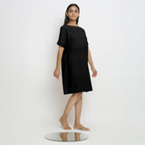 Black Cotton Linen Yoked Knee Length Shift Dress