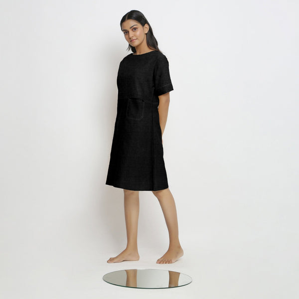 Black Cotton Linen Yoked Knee Length Shift Dress