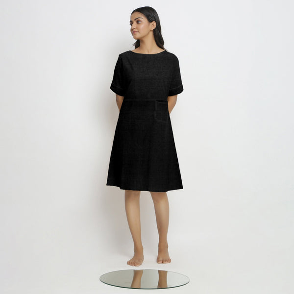 Black Cotton Linen Yoked Knee Length Shift Dress