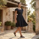 Black Cotton Open-Back Fit and Flare Knee Length Dress