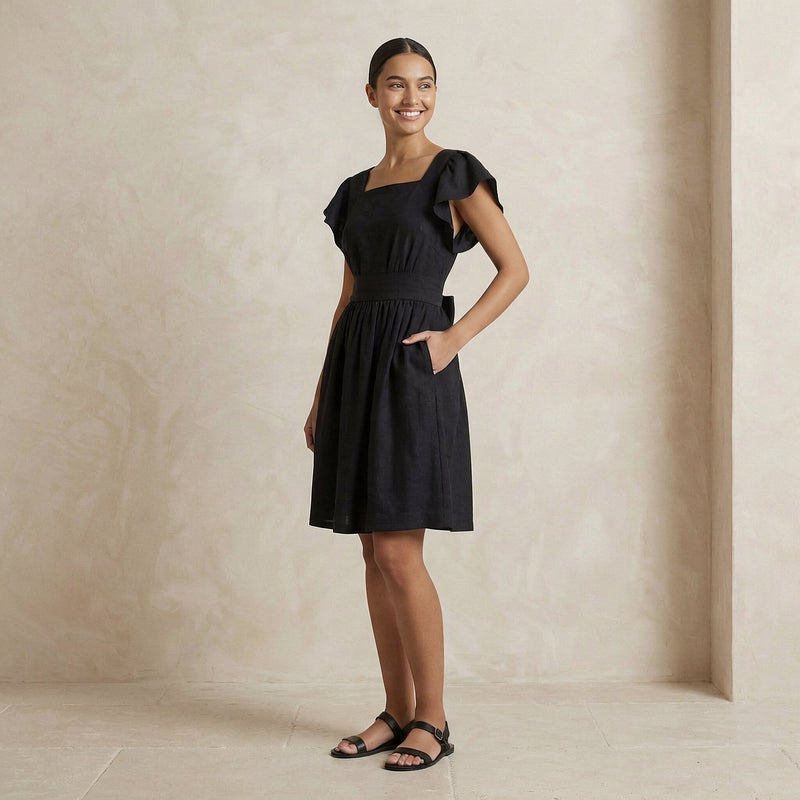 black cotton knee length dress Black Cotton Linen V-Neck Knee Length Blouson Dress 66" / Regular (5'2"