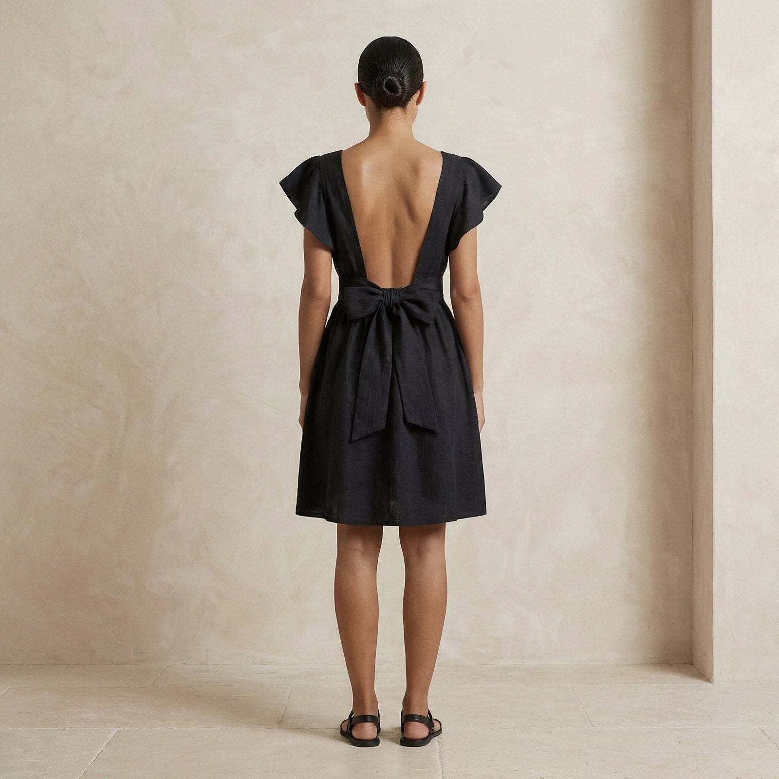 backless knee length dress Black Cotton Open-Back Fit and Flare 58
