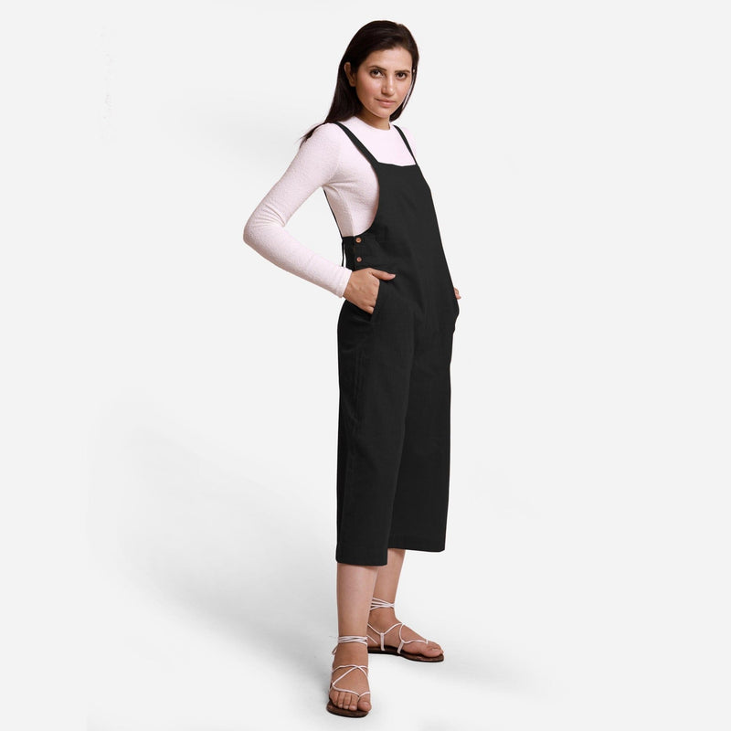 Black Cotton Pinafore Midi Dungaree Jumpsuit