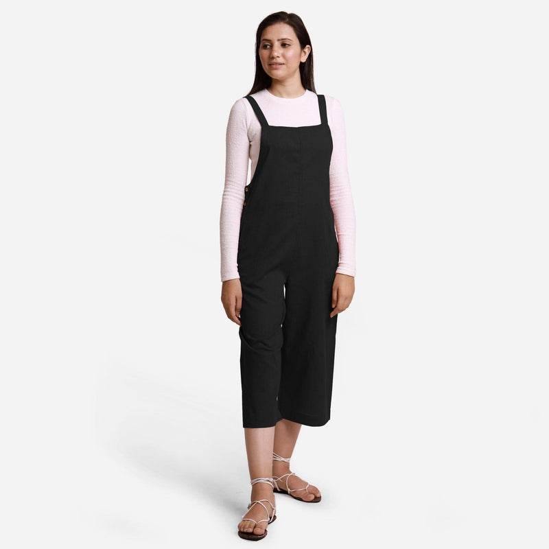 Black Cotton Pinafore Midi Dungaree Jumpsuit