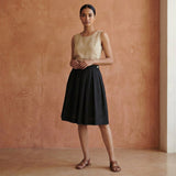 Black Cotton Pleated Knee-Length Skirt