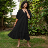 Black Cotton Poplin A-Line Deep Neck Maxi Tier Dress